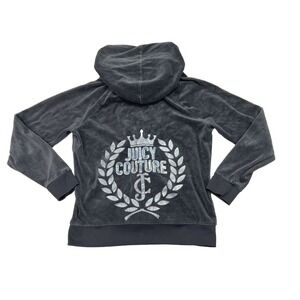 VTG Juicy Couture Jacket Women Large Gray Velour Full Zip Hooded Bejeweled